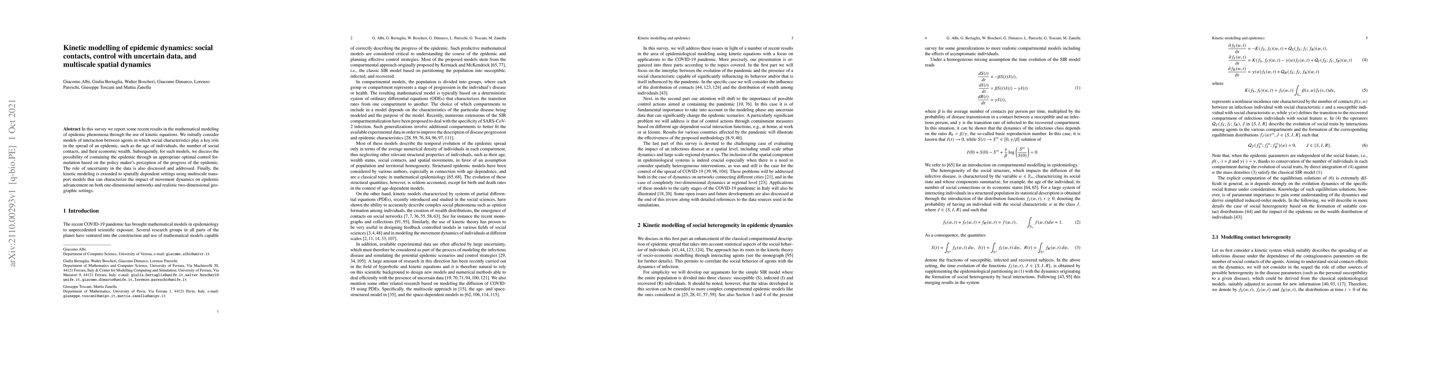 Thumbnail for Kinetic modelling of epidemic dynamics: social contacts, control with
  uncertain data, and multiscale spatial dynamics