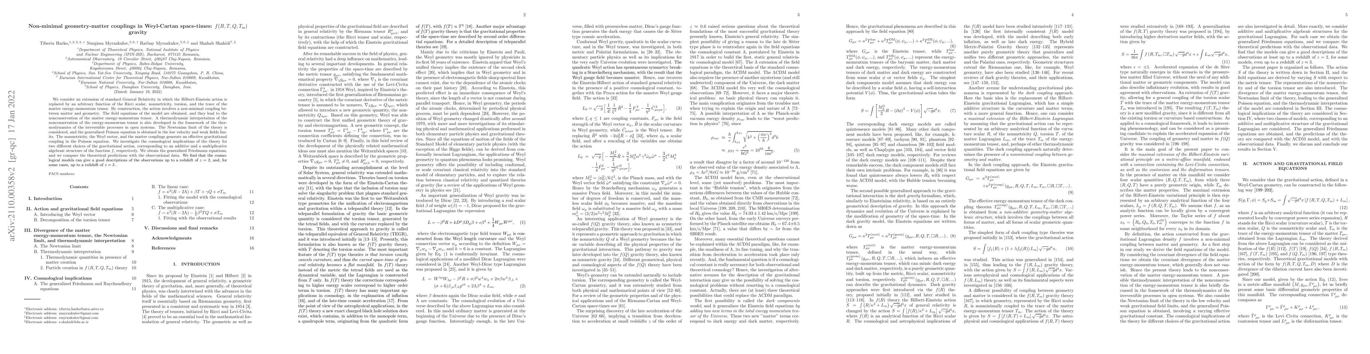 Thumbnail for Non-minimal geometry-matter couplings in Weyl-Cartan space-times:
  $f(R,T,Q,T_m)$ gravity