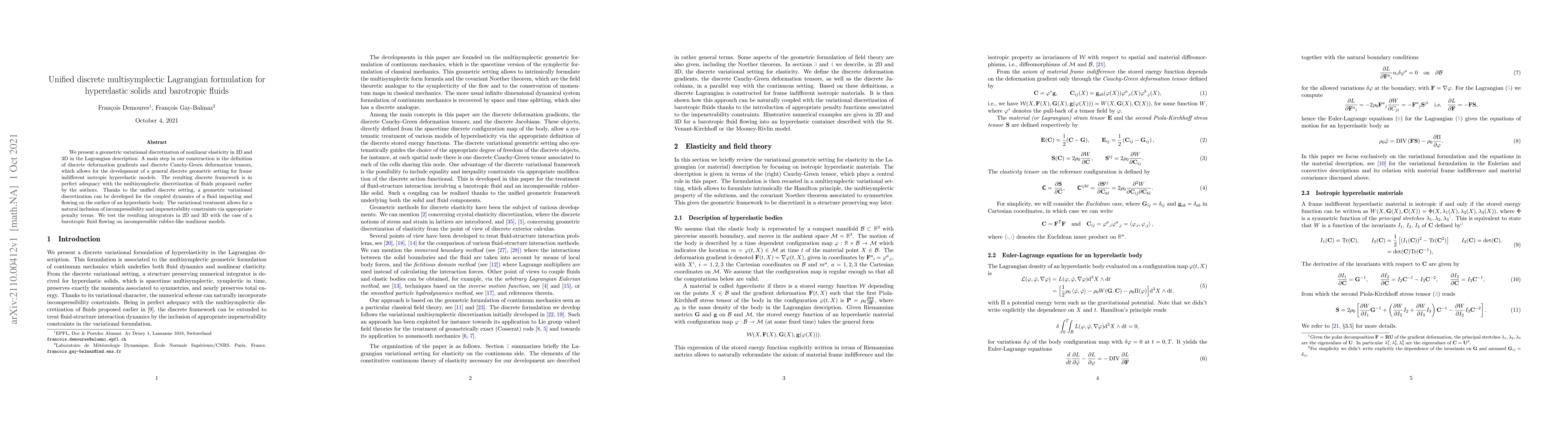 Thumbnail for Unified discrete multisymplectic Lagrangian formulation for hyperelastic
  solids and barotropic fluids