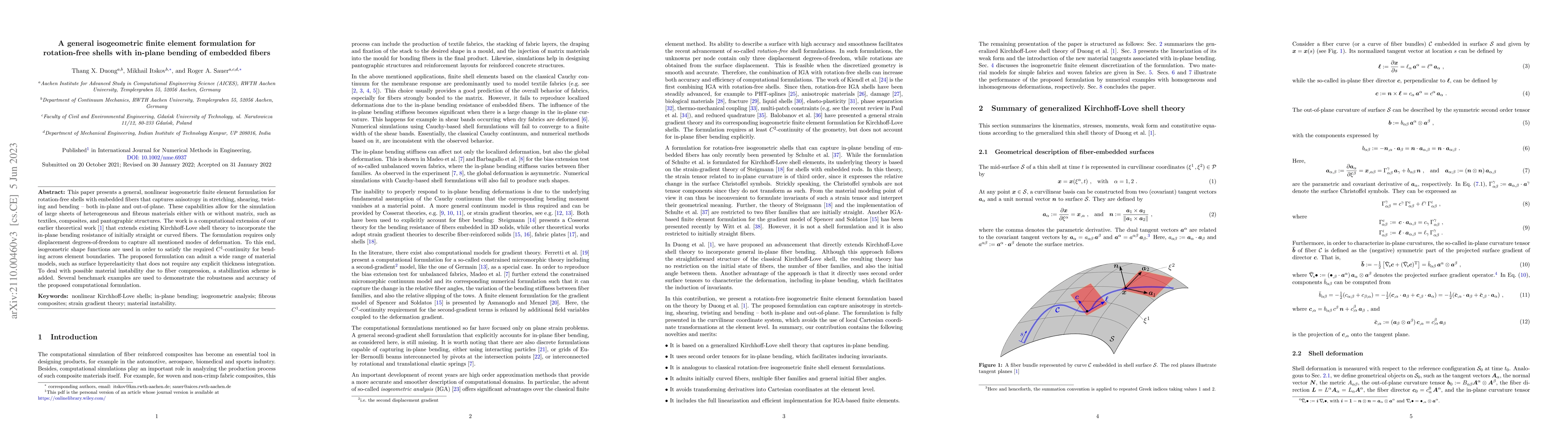 Thumbnail for A general isogeometric finite element formulation for rotation-free
  shells with in-plane bending of embedded fibers