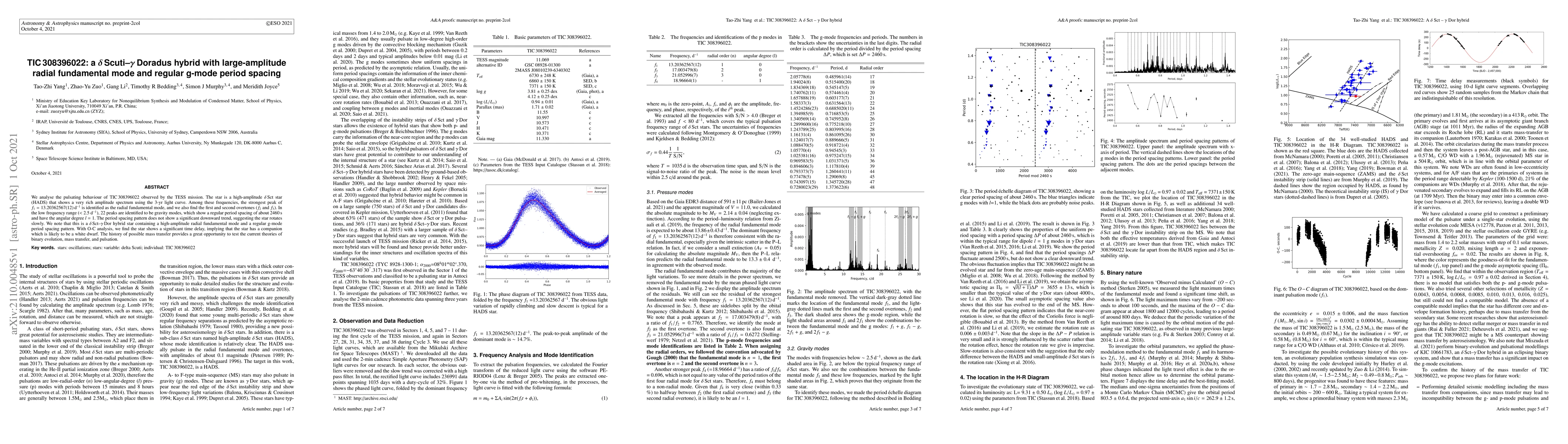 Thumbnail for TIC 308396022: a $\delta$ Scuti--$\gamma$ Doradus hybrid with
  large-amplitude radial fundamental mode and regular g-mode period spacing
