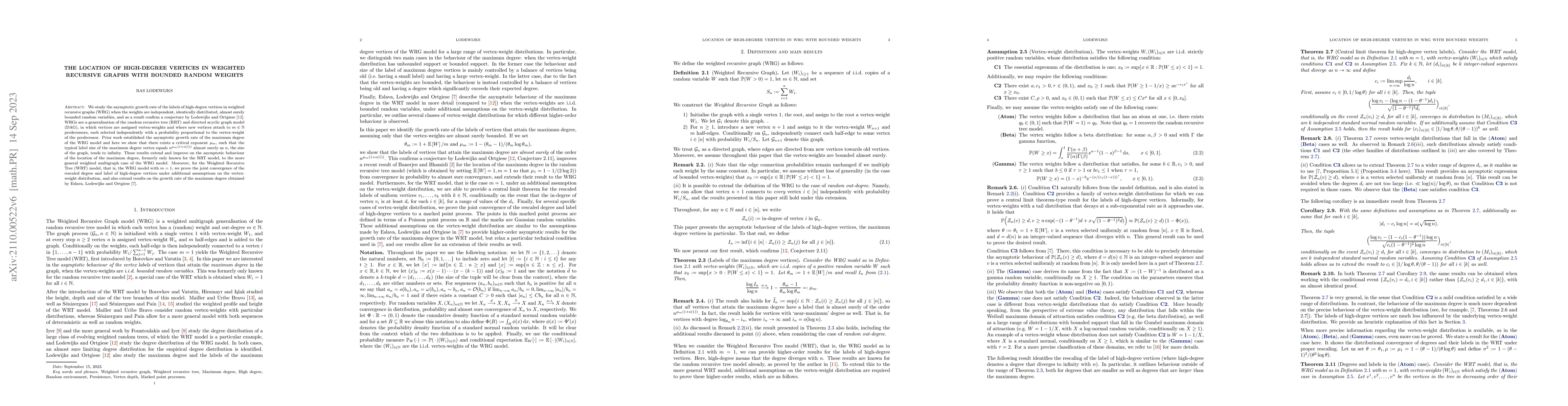 Thumbnail for The location of high-degree vertices in weighted recursive graphs with
  bounded random weights