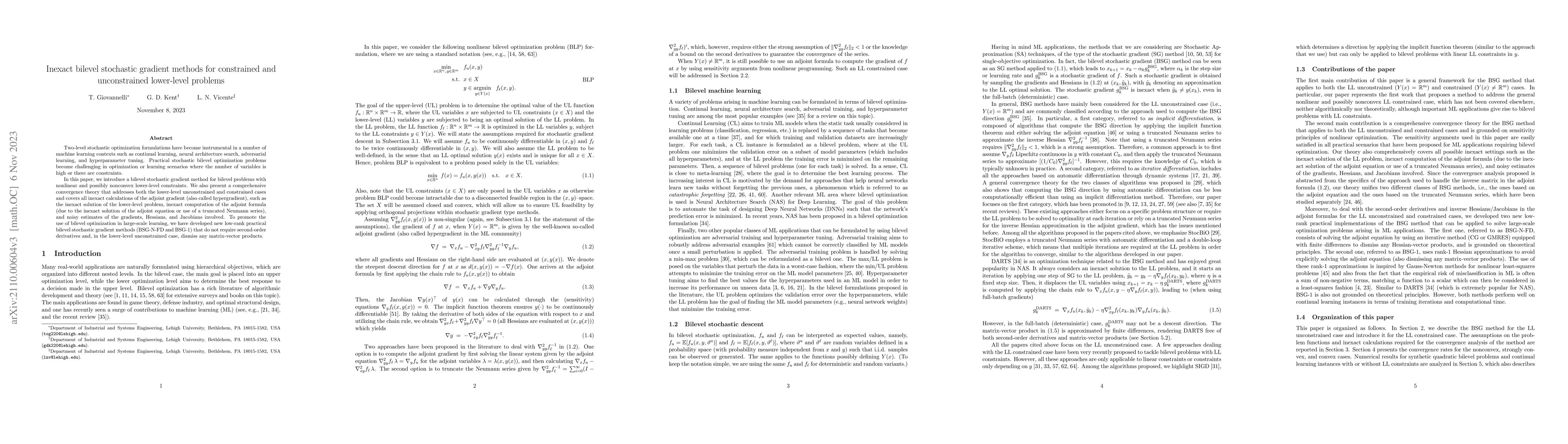 Thumbnail for Inexact bilevel stochastic gradient methods for constrained and
  unconstrained lower-level problems