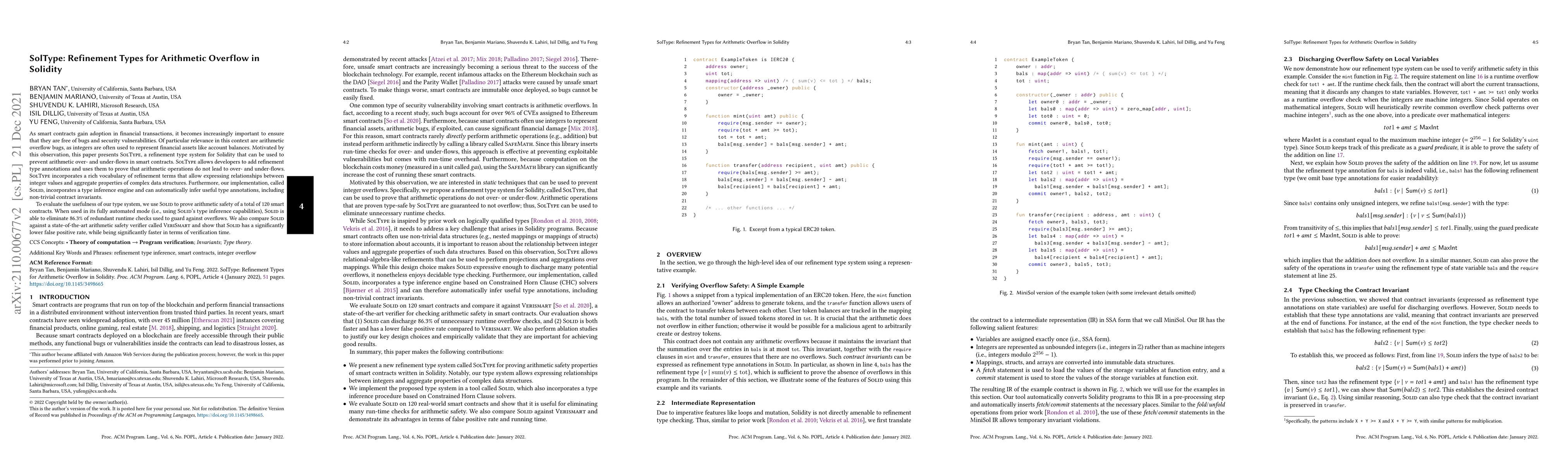 Thumbnail for SolType: Refinement Types for Arithmetic Overflow in Solidity