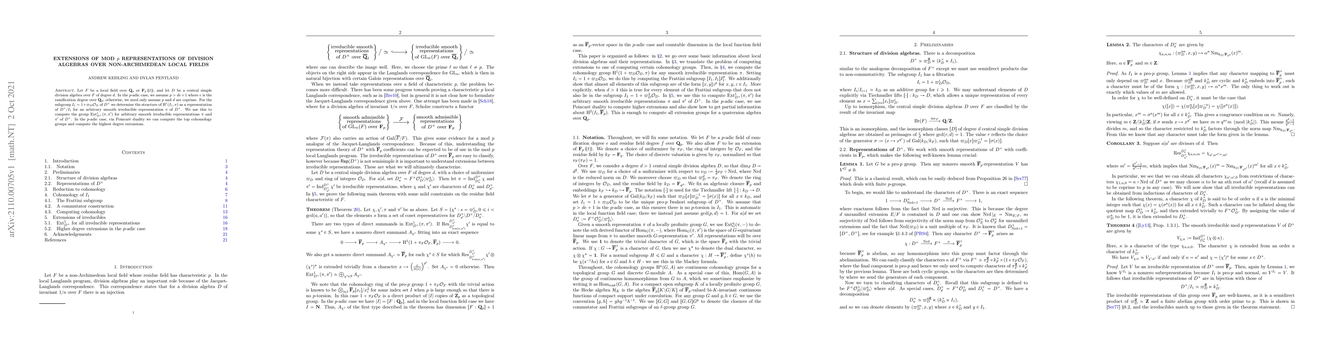 Thumbnail for Extensions of mod p representations of division algebras over
  non-Archimedean local fields