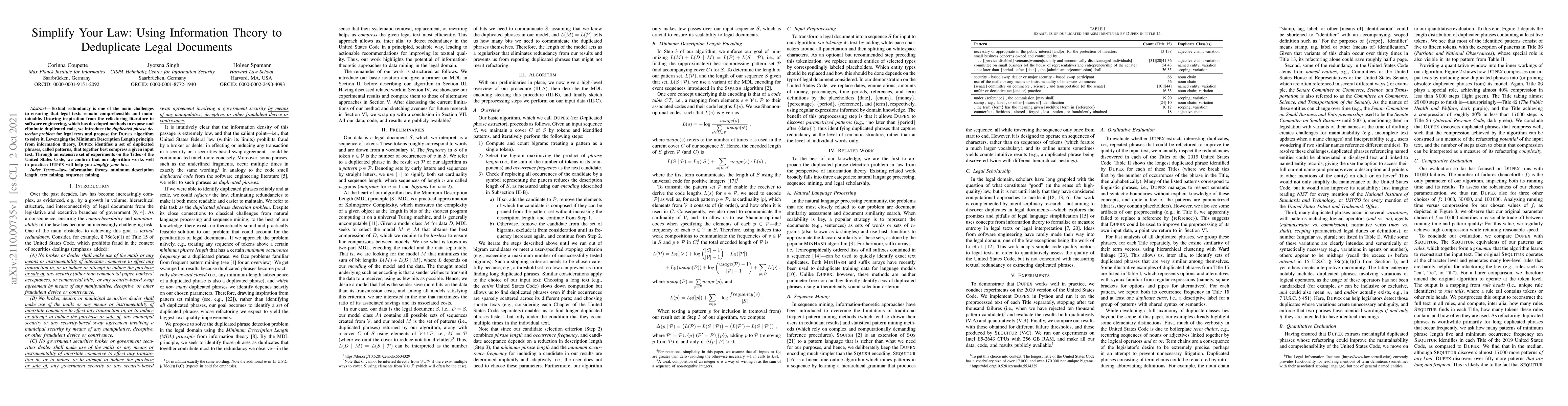 Thumbnail for Simplify Your Law: Using Information Theory to Deduplicate Legal
  Documents