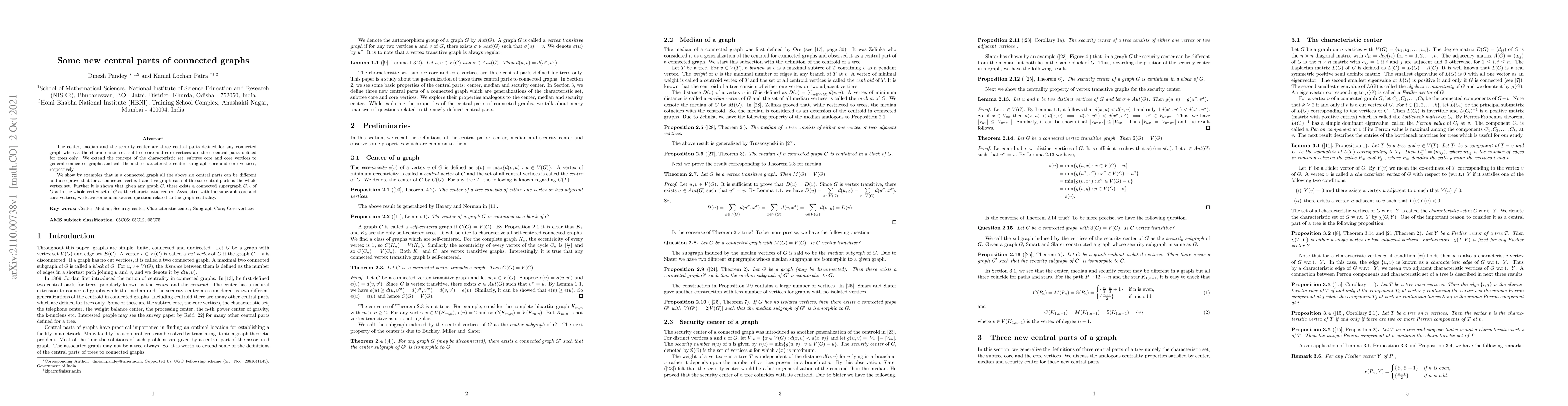 Thumbnail for Some new central parts of connected graphs