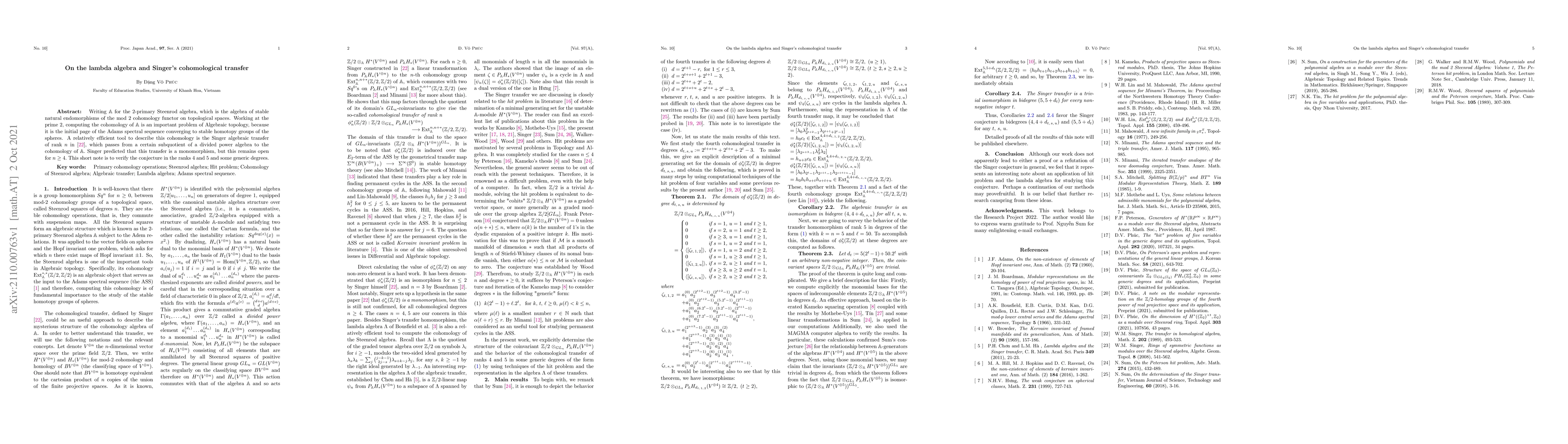 Thumbnail for On the lambda algebra and Singer's cohomological transfer