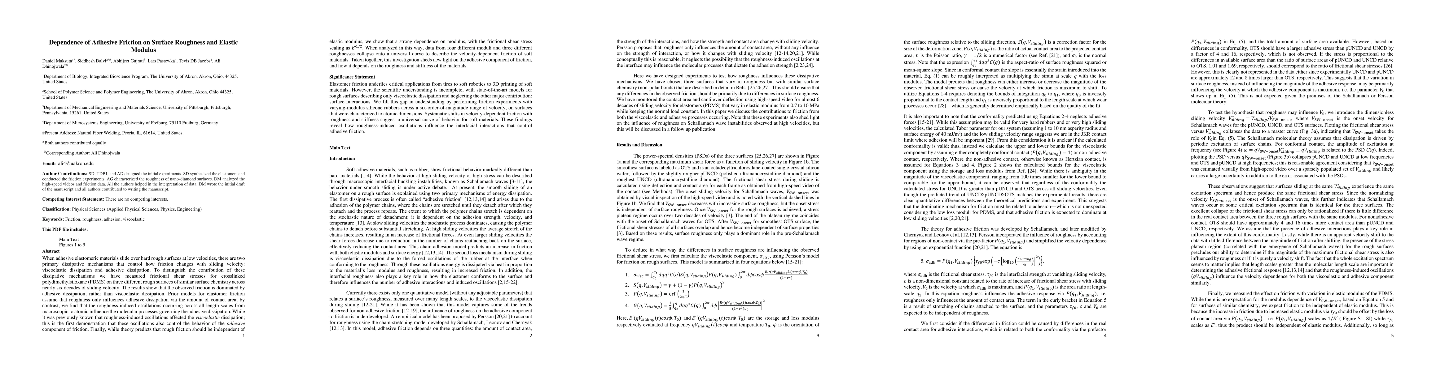 Thumbnail for Dependence of Adhesive Friction on Surface Roughness and Elastic Modulus