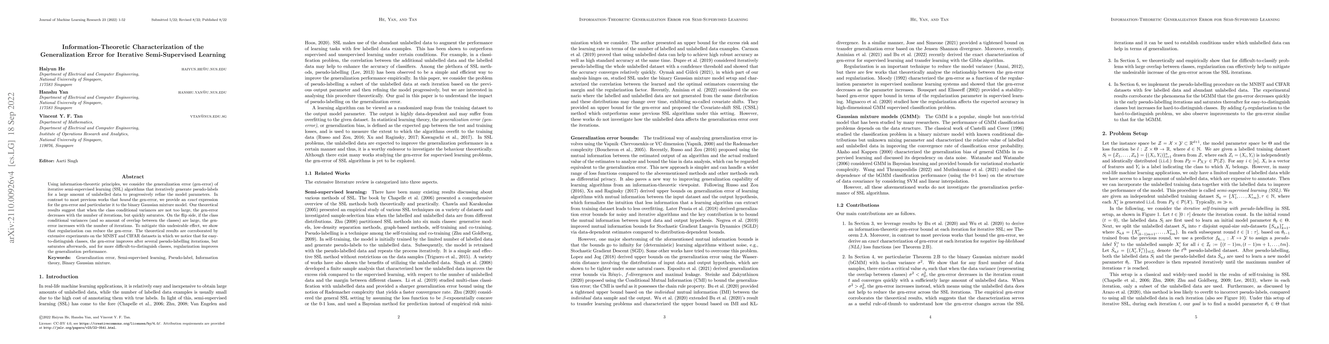 Thumbnail for Information-Theoretic Characterization of the Generalization Error for
  Iterative Semi-Supervised Learning