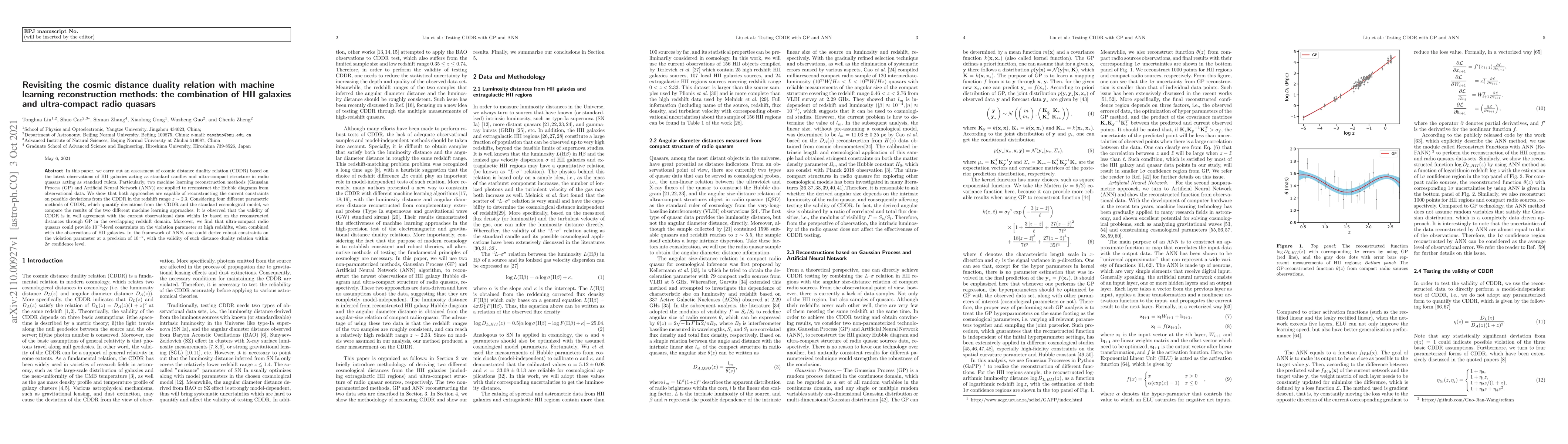 Thumbnail for Revisiting the cosmic distance duality relation with machine learning
  reconstruction methods: the combination of HII galaxies and ultra-compact
  radio quasars