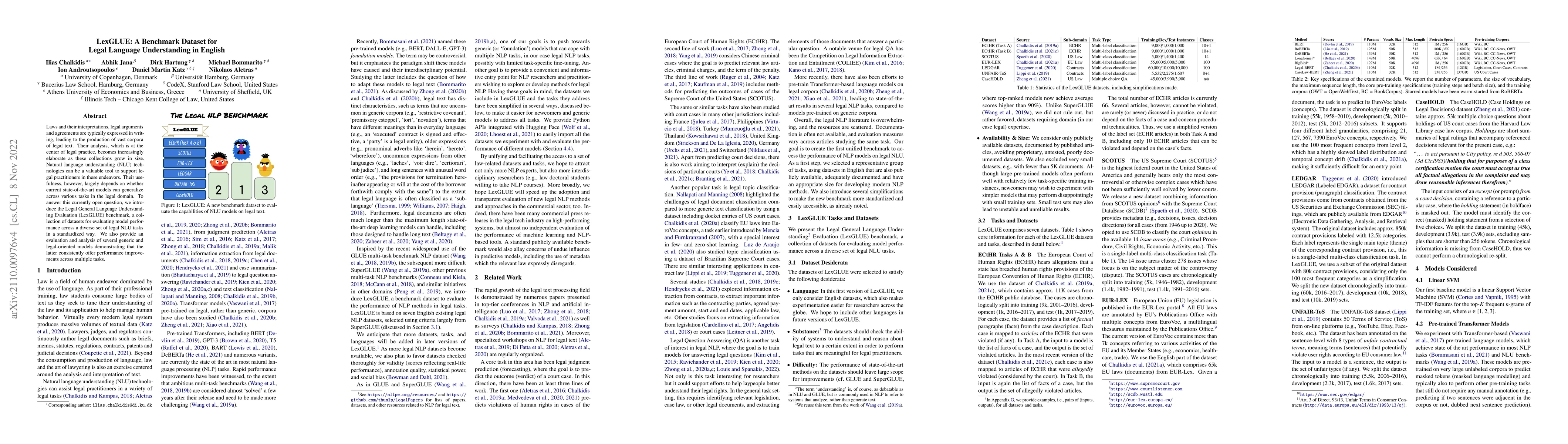 Thumbnail for LexGLUE: A Benchmark Dataset for Legal Language Understanding in English