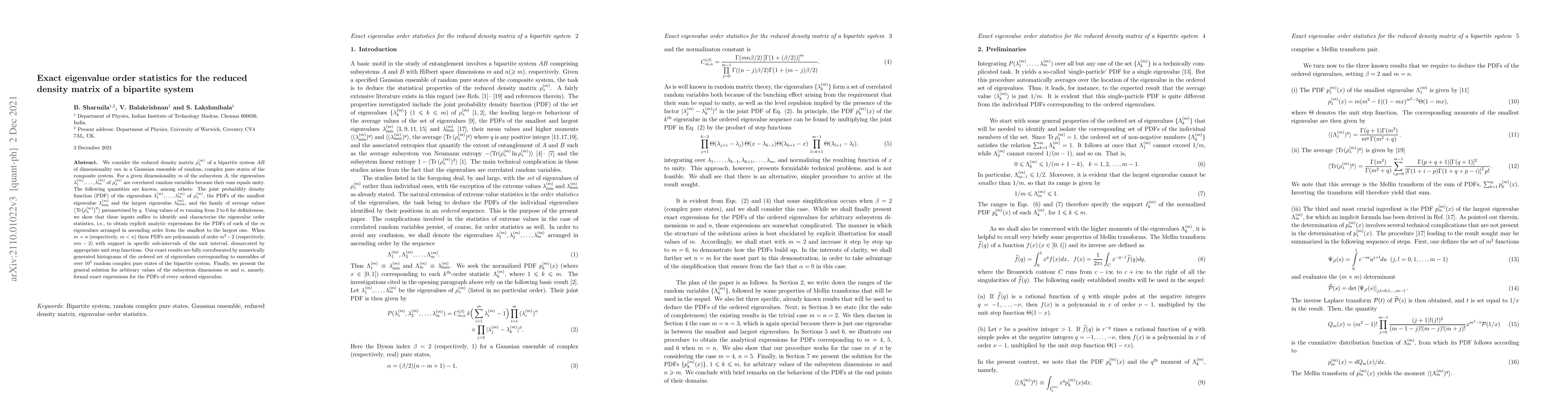 Thumbnail for Exact eigenvalue order statistics for the reduced density matrix of a
  bipartite system