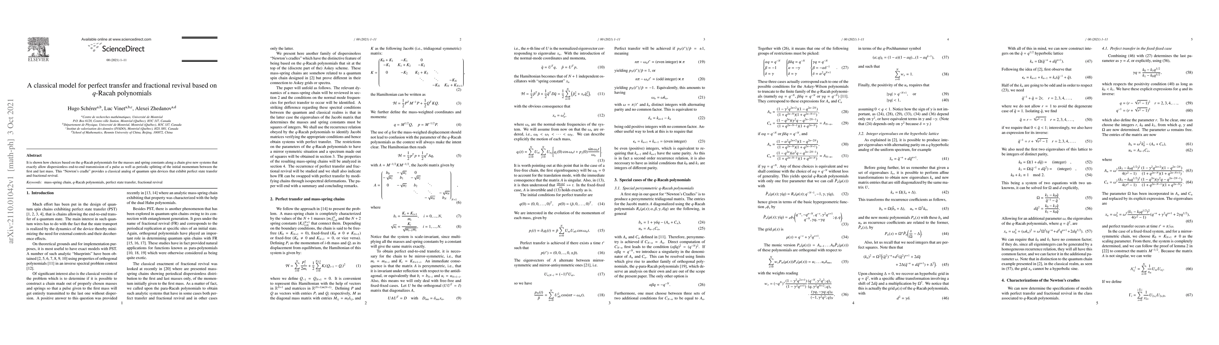 Thumbnail for A classical model for perfect transfer and fractional revival based on
  $q$-Racah polynomials