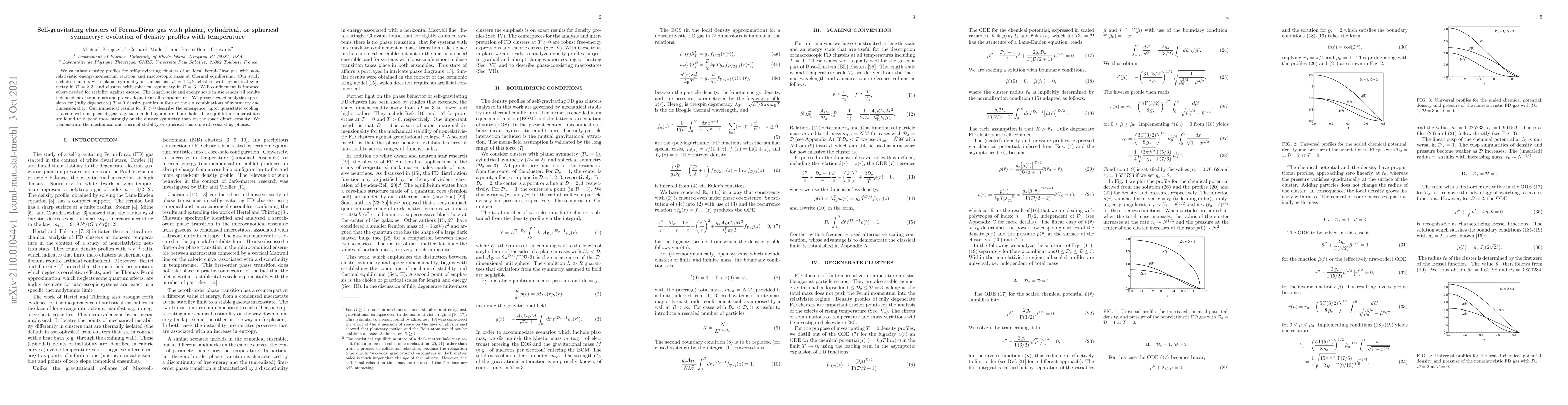 Thumbnail for Self-gravitating clusters of Fermi-Dirac gas with planar, cylindrical,
  or spherical symmetry: evolution of density profiles with temperature