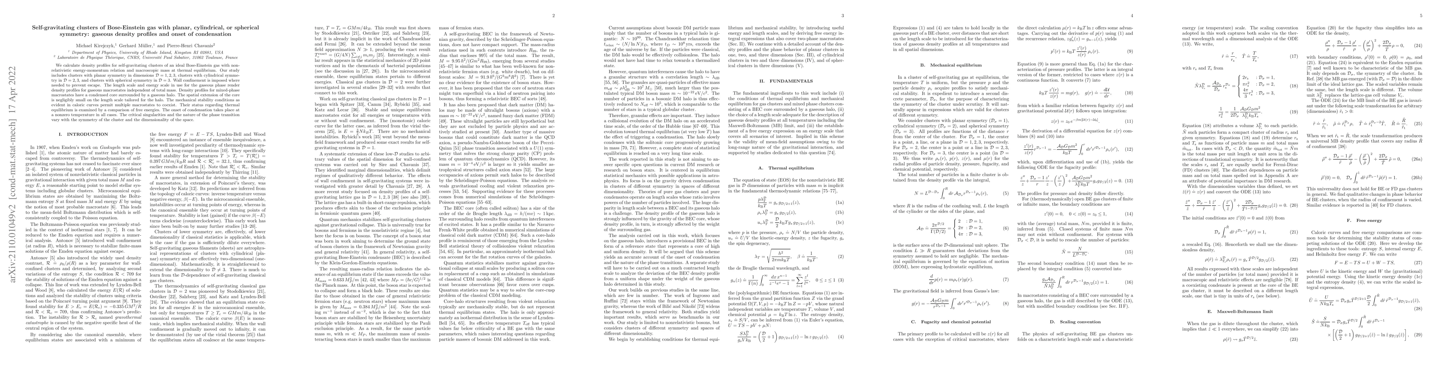 Thumbnail for Self-gravitating clusters of Bose-Einstein gas with planar, cylindrical,
  or spherical symmetry: gaseous density profiles and onset of condensation