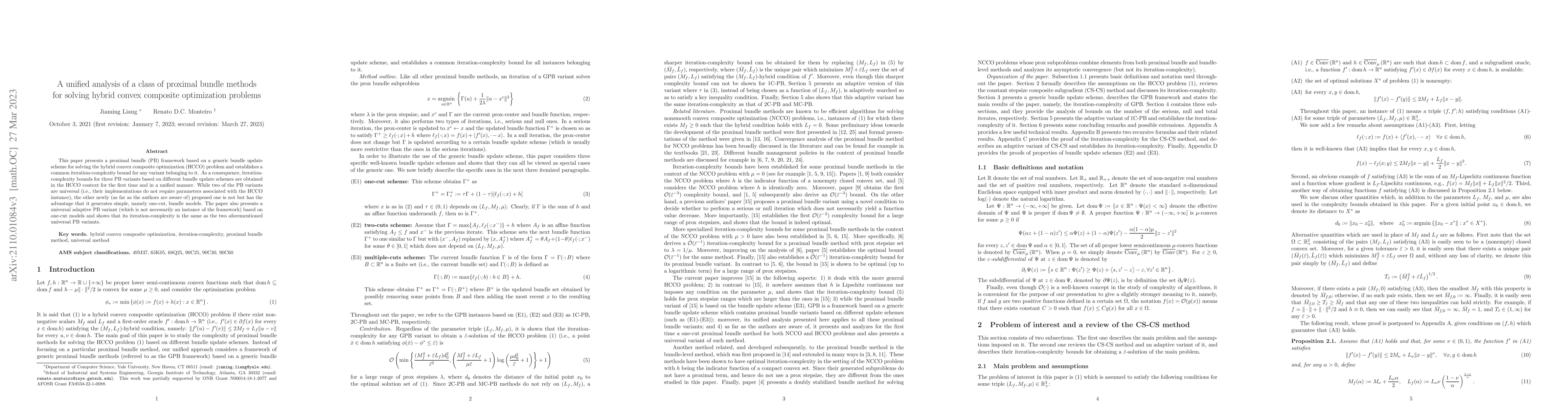 Thumbnail for A unified analysis of a class of proximal bundle methods for solving
  hybrid convex composite optimization problems
