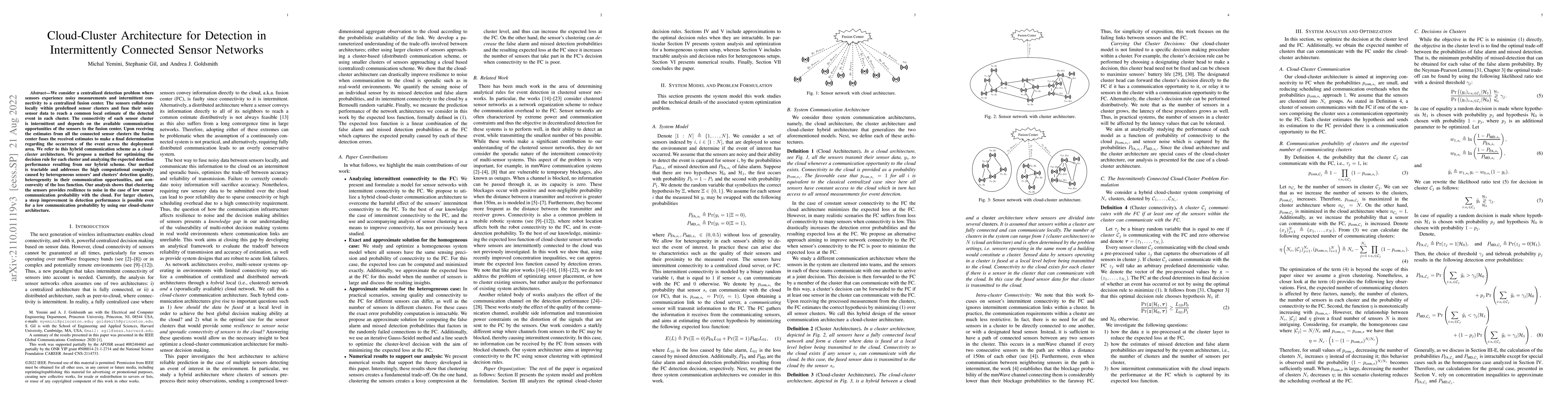 Thumbnail for Cloud-Cluster Architecture for Detection in Intermittently Connected
  Sensor Networks