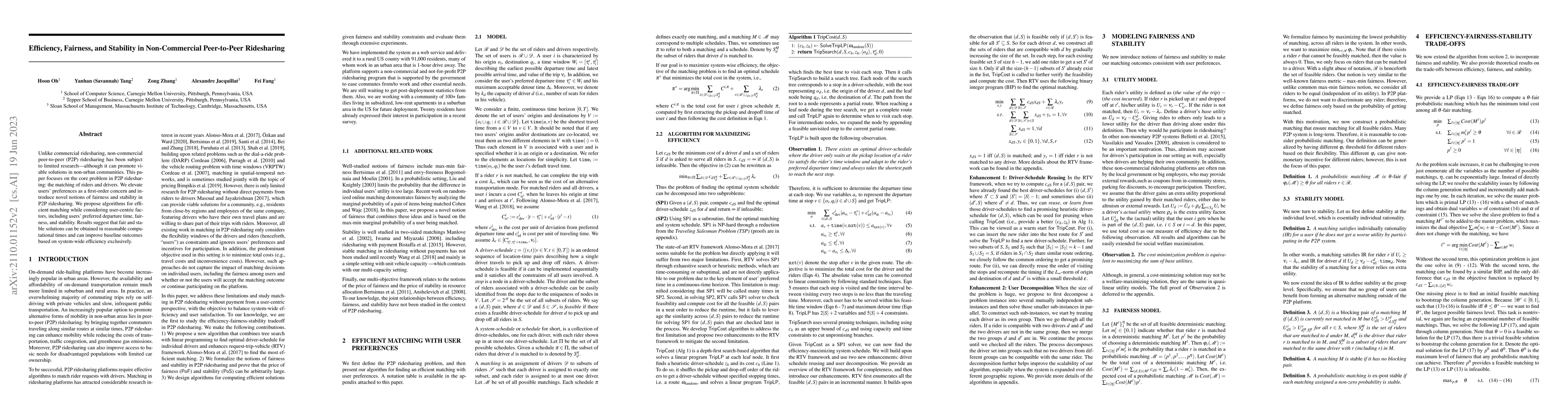 Thumbnail for Efficiency, Fairness, and Stability in Non-Commercial Peer-to-Peer
  Ridesharing