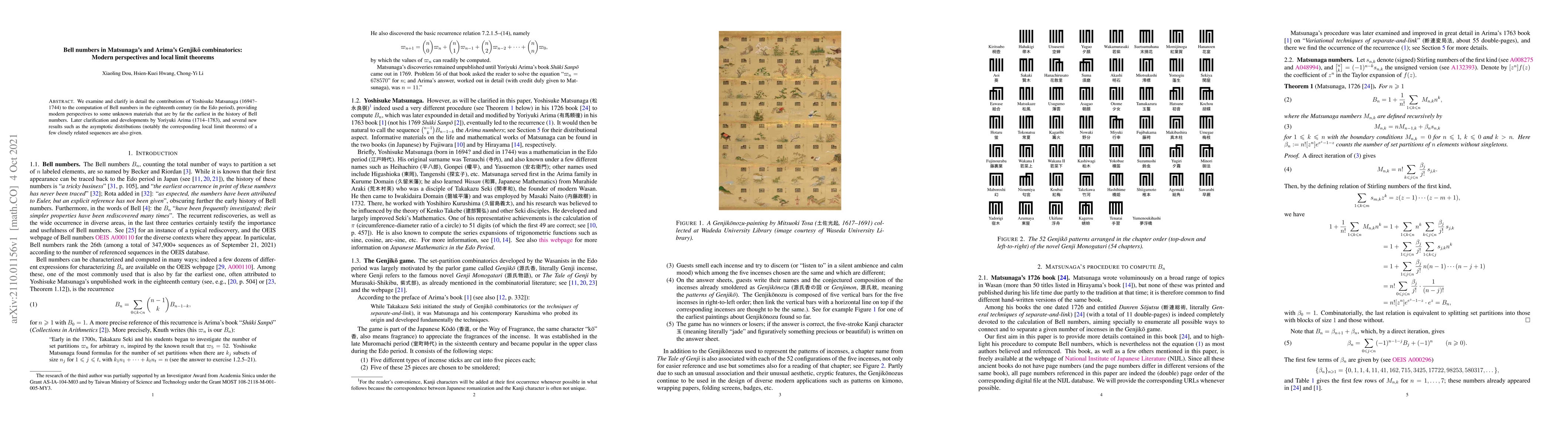 Thumbnail for Bell numbers in Matsunaga's and Arima's Genjik\=o combinatorics: Modern
  perspectives and local limit theorems