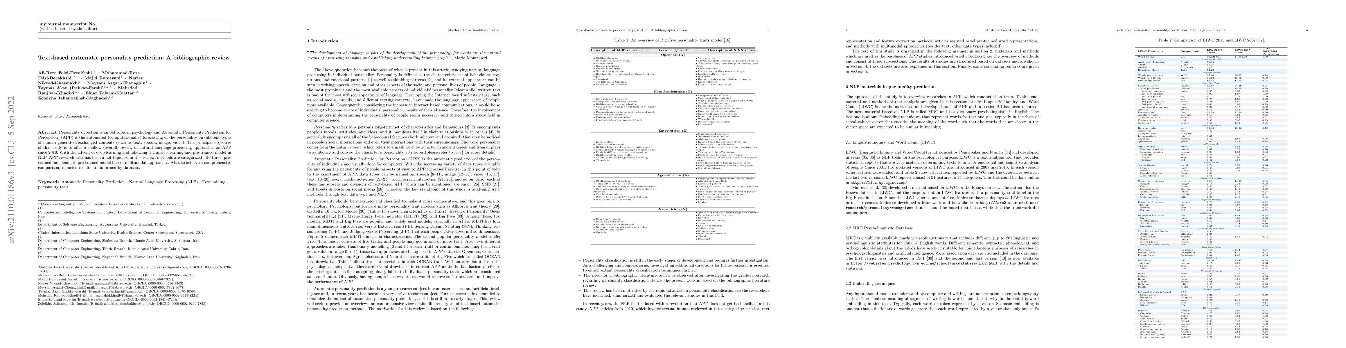 Thumbnail for Text-based automatic personality prediction: A bibliographic review