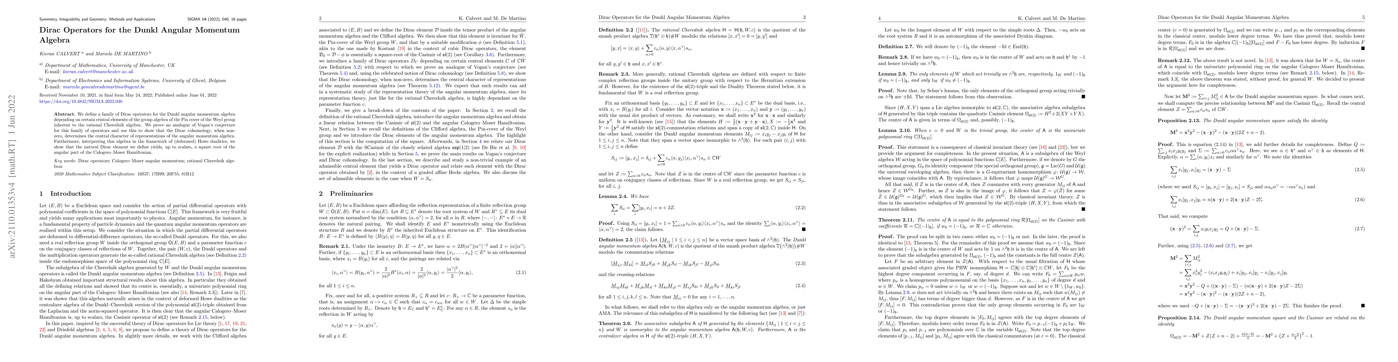 Thumbnail for Dirac Operators for the Dunkl Angular Momentum Algebra