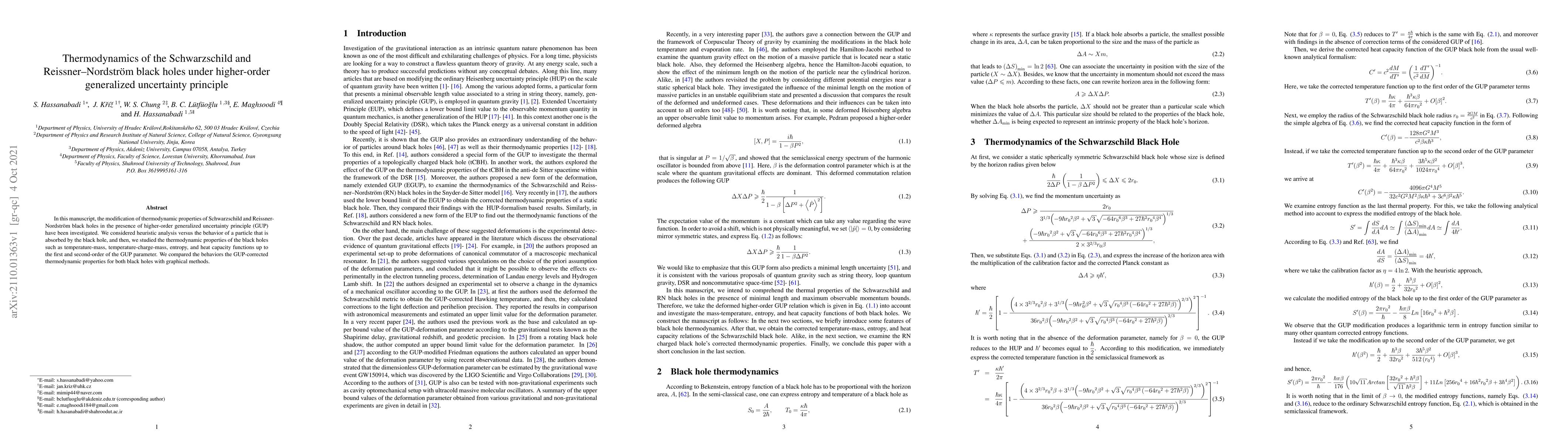 Thumbnail for Thermodynamics of the Schwarzschild and Reissner-Nordstr\"om black holes
  under higher-order generalized uncertainty principle
