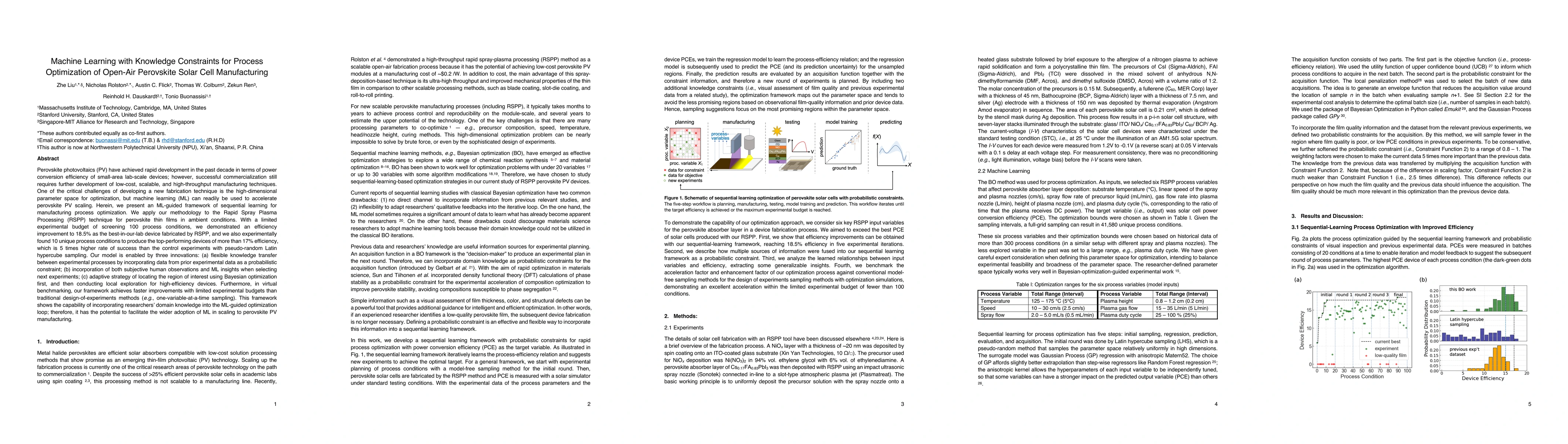 Thumbnail for Machine Learning with Knowledge Constraints for Process Optimization of
  Open-Air Perovskite Solar Cell Manufacturing