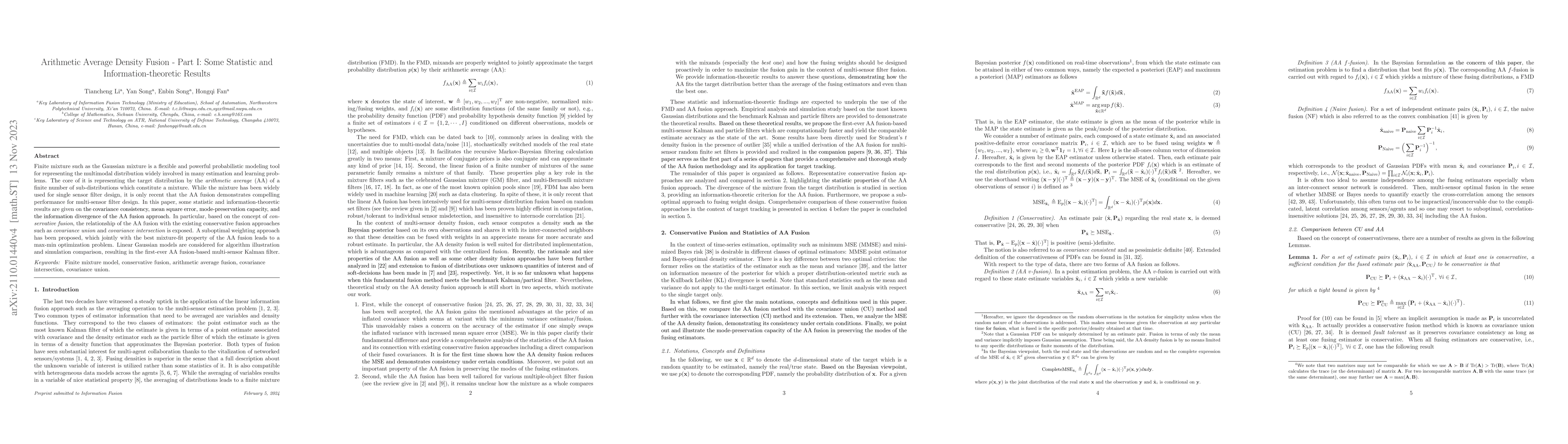Thumbnail for Arithmetic Average Density Fusion -- Part I: Some Statistic and
  Information-theoretic Results