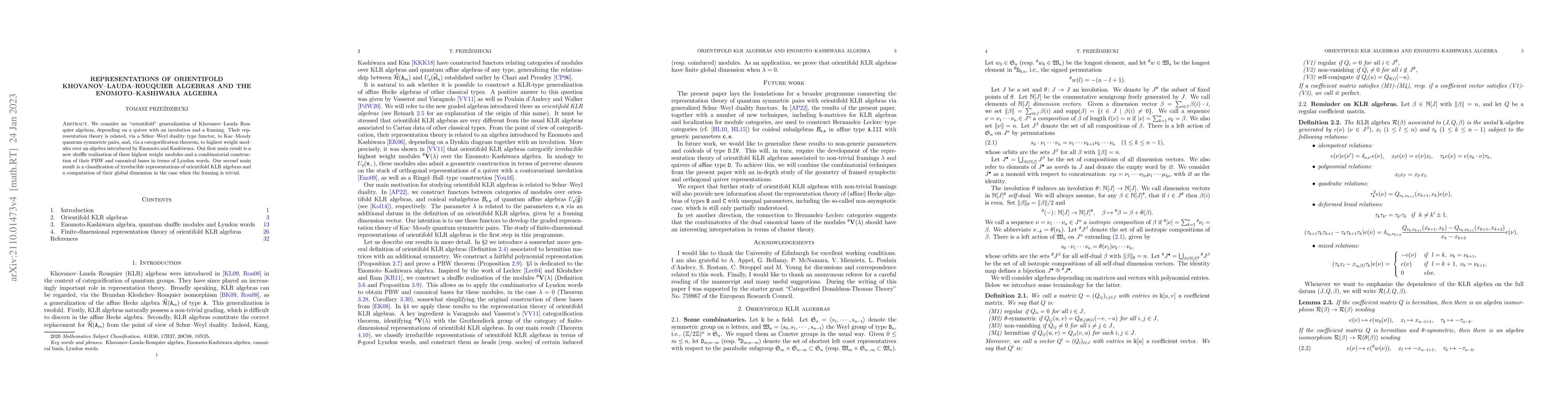 Thumbnail for Representations of orientifold Khovanov-Lauda-Rouquier algebras and the
  Enomoto-Kashiwara algebra