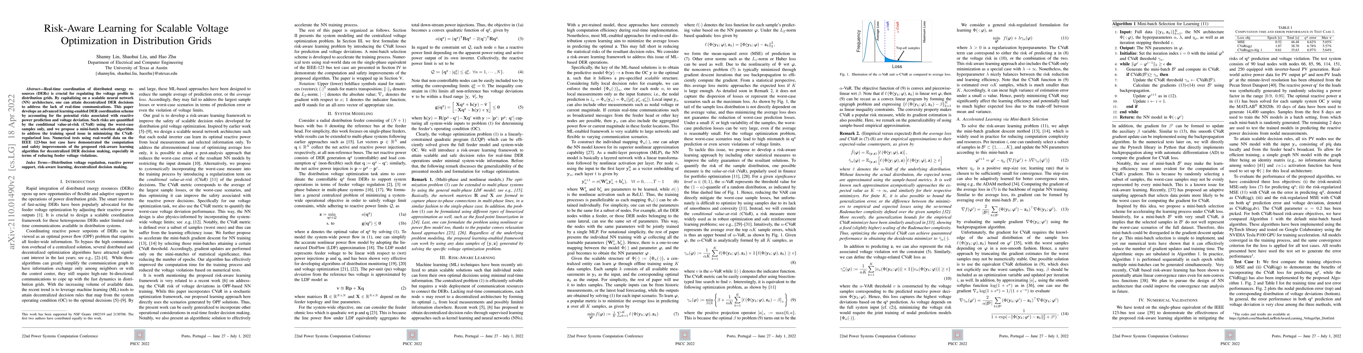 Thumbnail for Risk-Aware Learning for Scalable Voltage Optimization in Distribution
  Grids