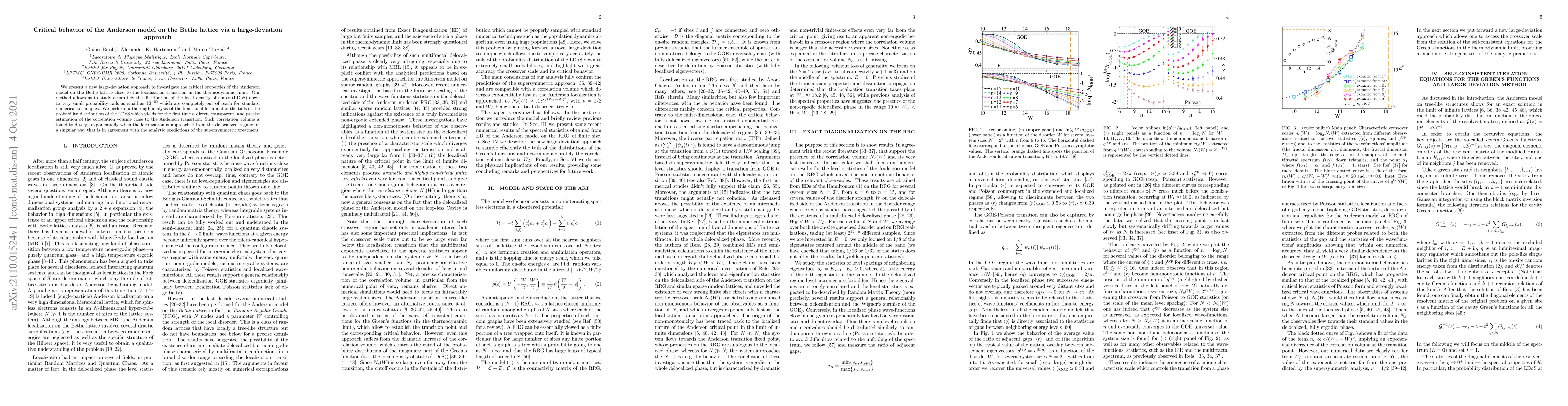 Thumbnail for Critical behavior of the Anderson model on the Bethe lattice via a
  large-deviation approach