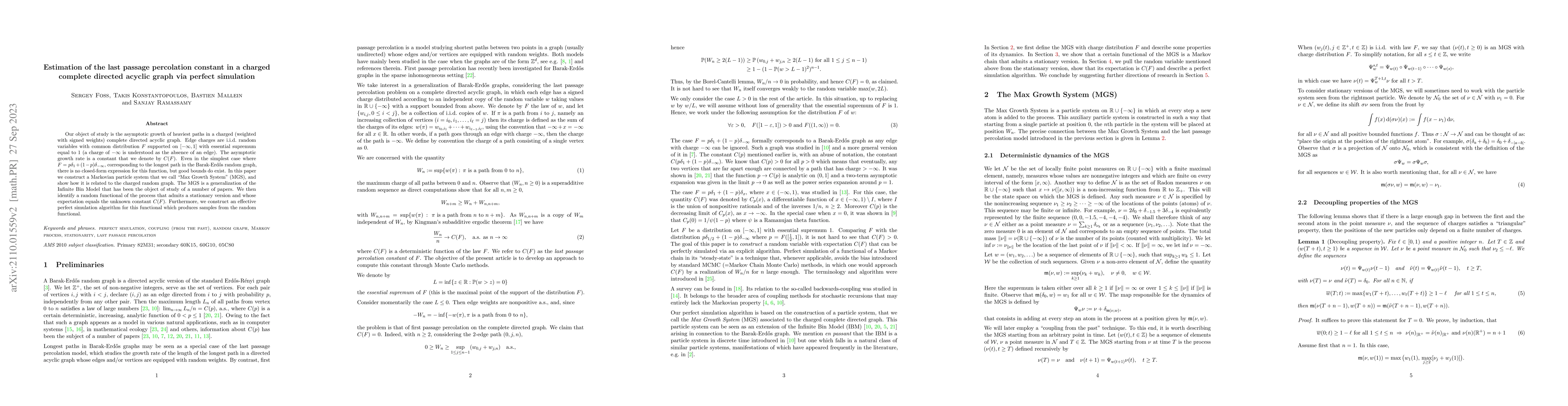 Thumbnail for Estimation of the last passage percolation constant in a charged
  complete directed acyclic graph via perfect simulation