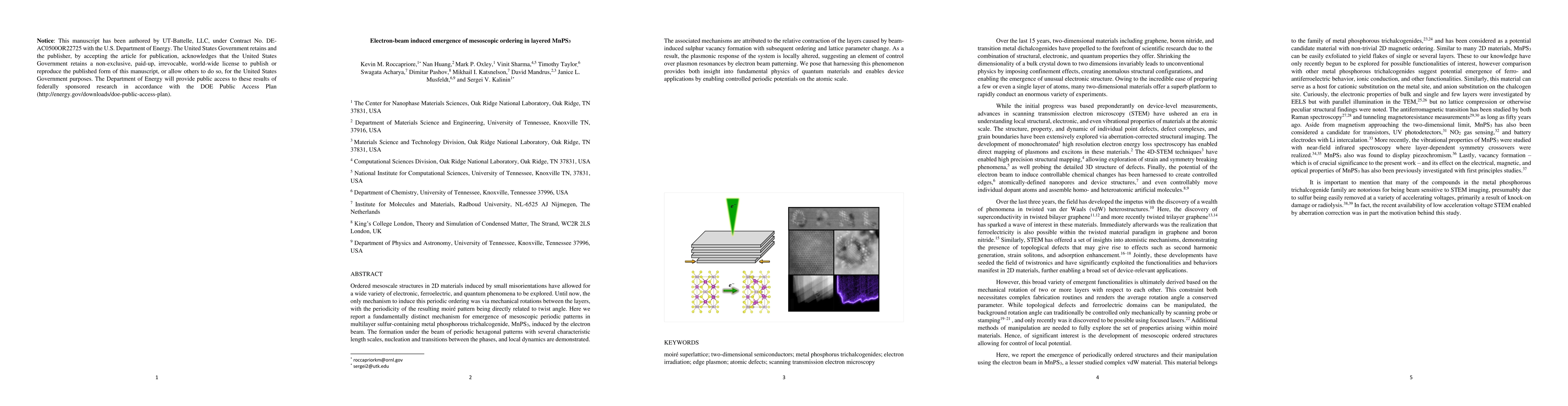 Thumbnail for Electron-beam induced emergence of mesoscopic ordering in layered
  MnPS$_{3}$