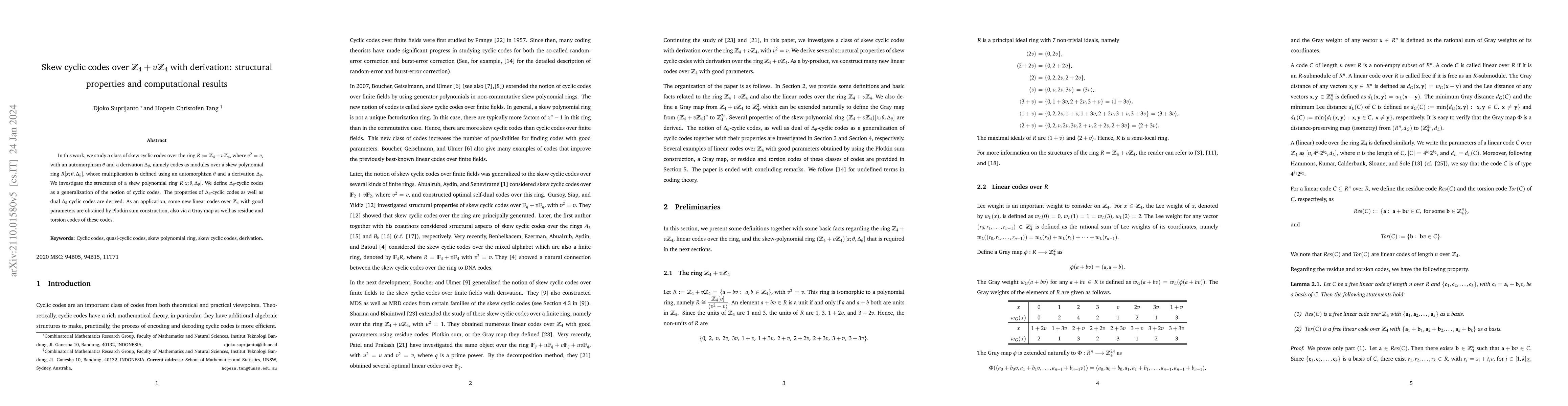 Thumbnail for Skew cyclic codes over $\mathbb{Z}_4+v\mathbb{Z}_4$ with derivation:
  structural properties and computational results