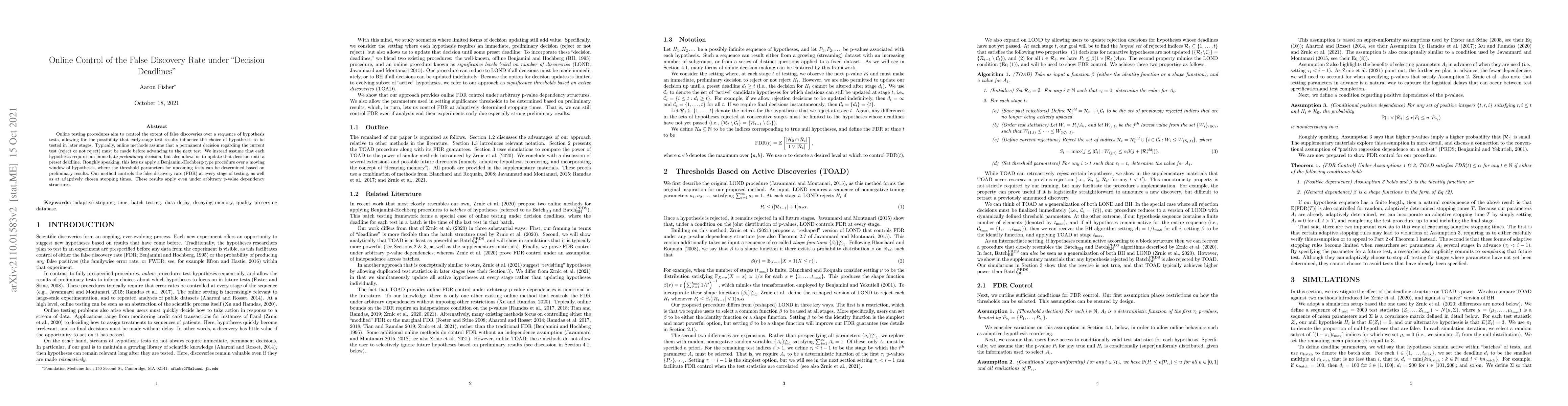 Thumbnail for Online Control of the False Discovery Rate under "Decision Deadlines"
