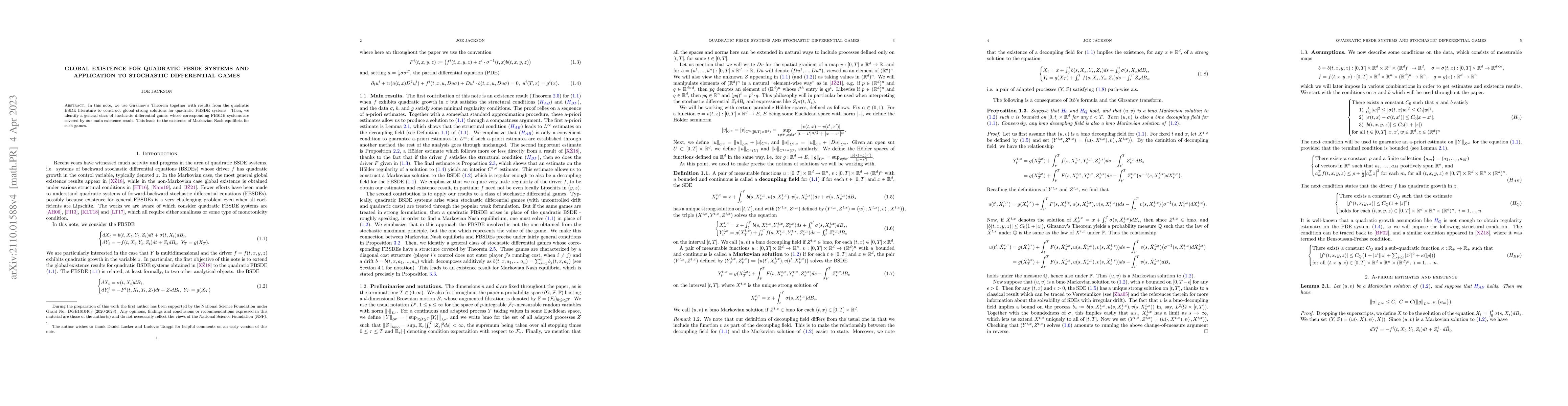 Thumbnail for Global existence for quadratic FBSDE systems and application to
  stochastic differential games