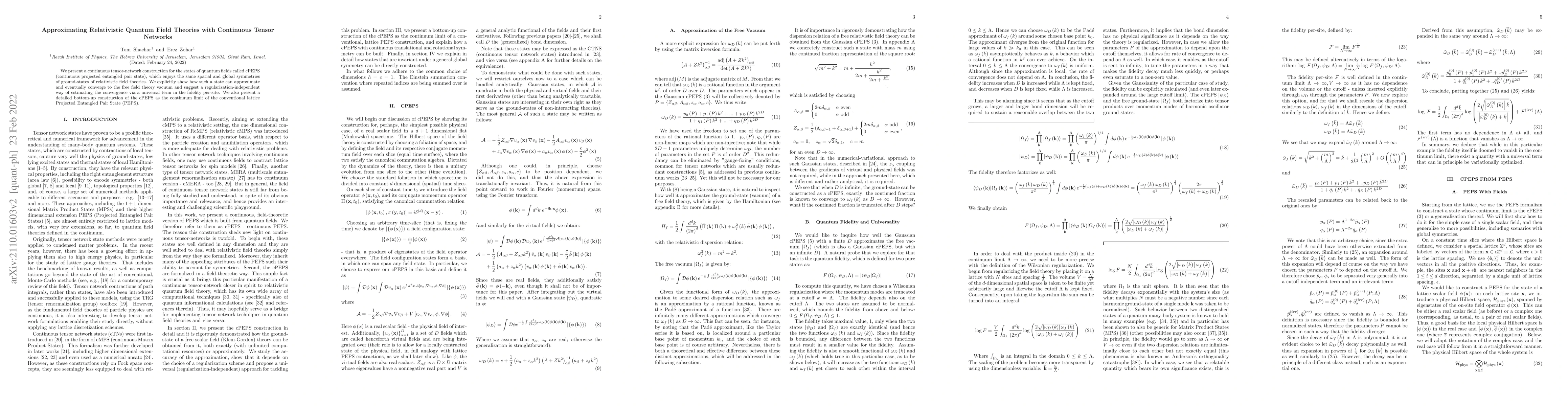 Thumbnail for Approximating Relativistic Quantum Field Theories with Continuous Tensor
  Networks