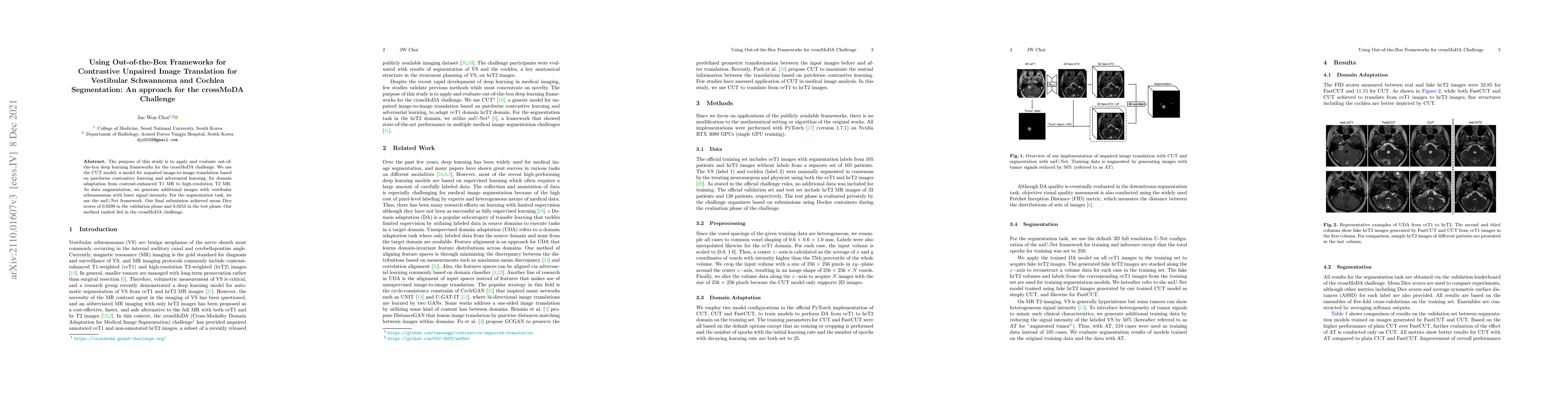 Thumbnail for Using Out-of-the-Box Frameworks for Contrastive Unpaired Image
  Translation for Vestibular Schwannoma and Cochlea Segmentation: An approach
  for the crossMoDA Challenge