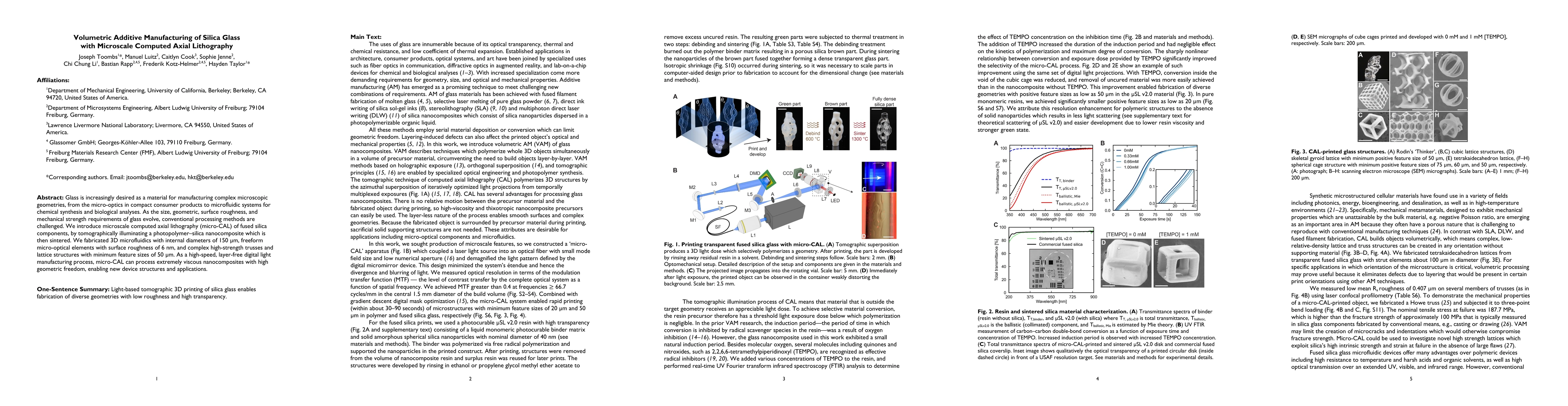 Thumbnail for Volumetric Additive Manufacturing of Silica Glass with Microscale
  Computed Axial Lithography