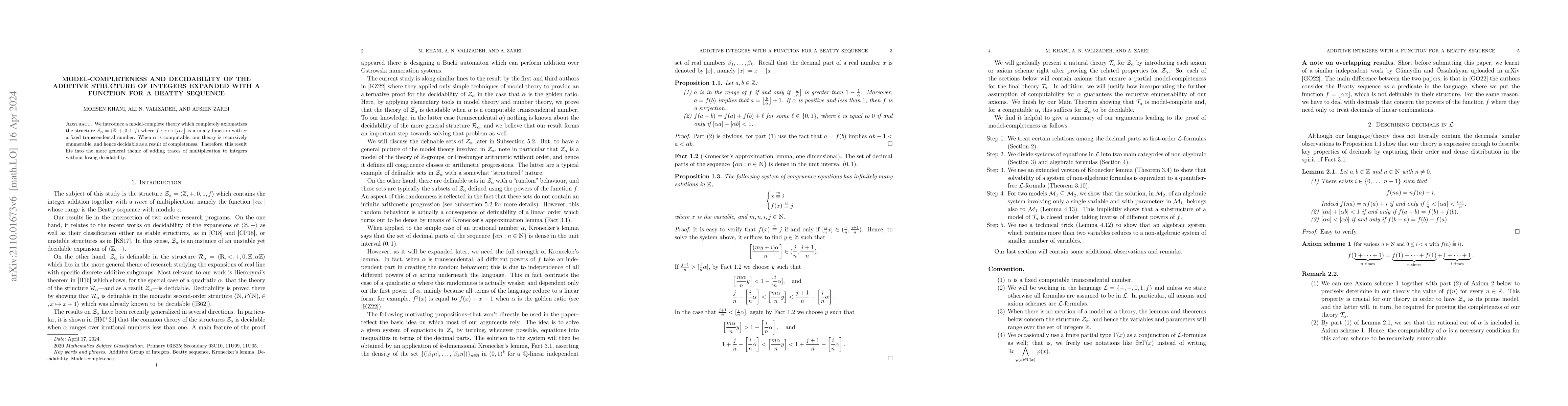 Thumbnail for Model-completeness and decidability of the additive structure of
  integers expanded with a function for a Beatty sequence