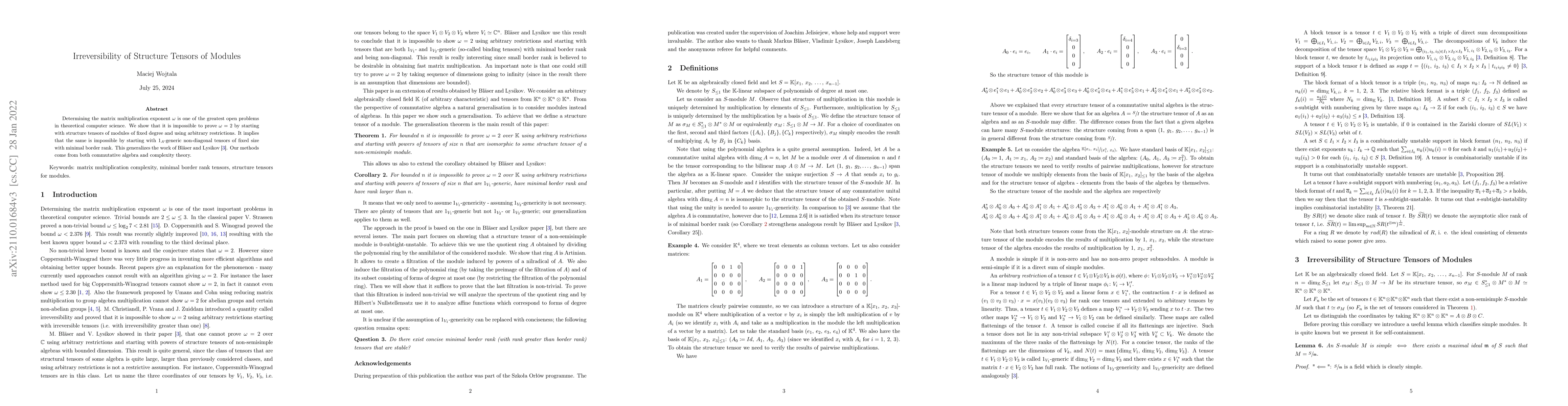 Thumbnail for Irreversibility of Structure Tensors of Modules