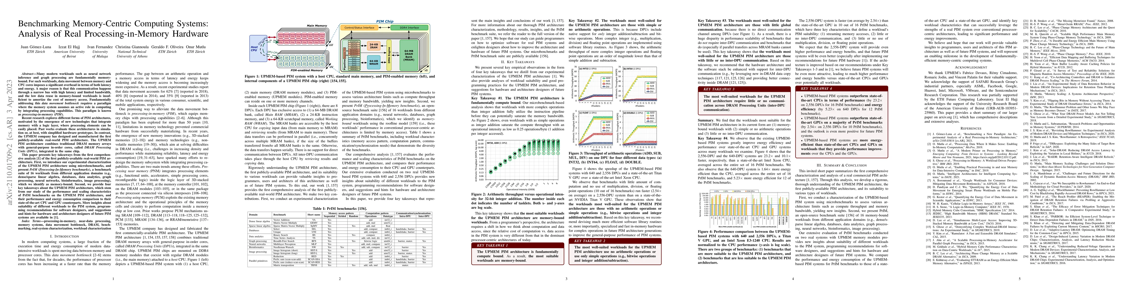 Thumbnail for Benchmarking Memory-Centric Computing Systems: Analysis of Real
  Processing-in-Memory Hardware