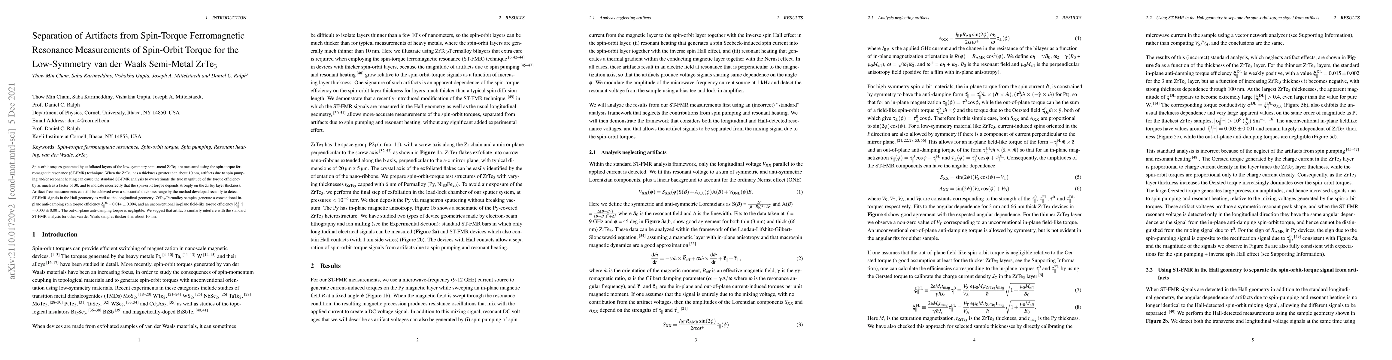 Thumbnail for Separation of Artifacts from Spin-Torque Ferromagnetic Resonance
  Measurements of Spin-Orbit Torque for the Low-Symmetry van der Waals
  Semi-Metal ZrTe$_\textbf{3}$