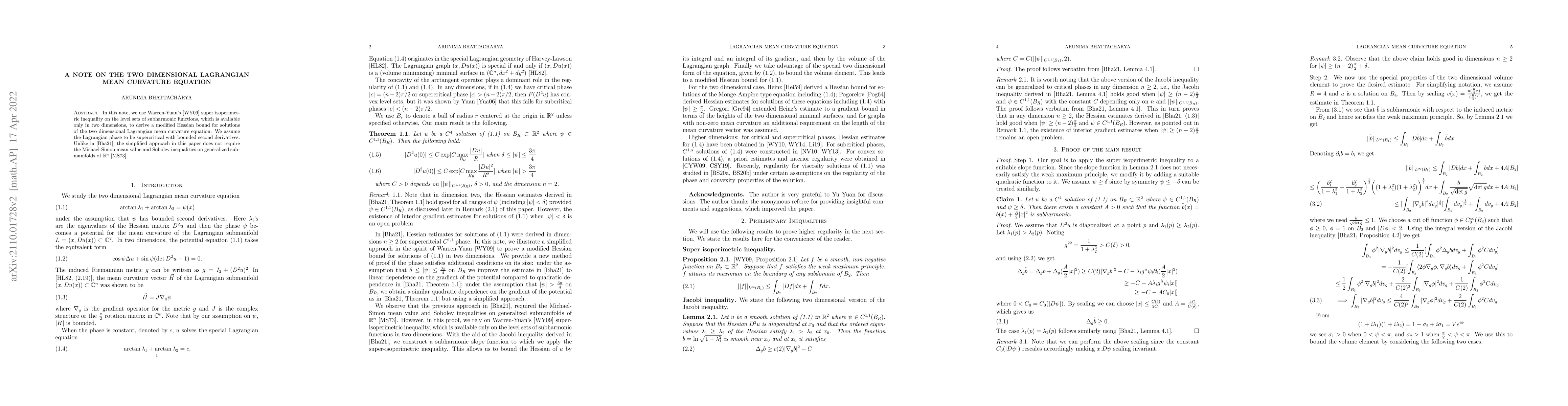 Thumbnail for A note on the two dimensional Lagrangian mean curvature equation