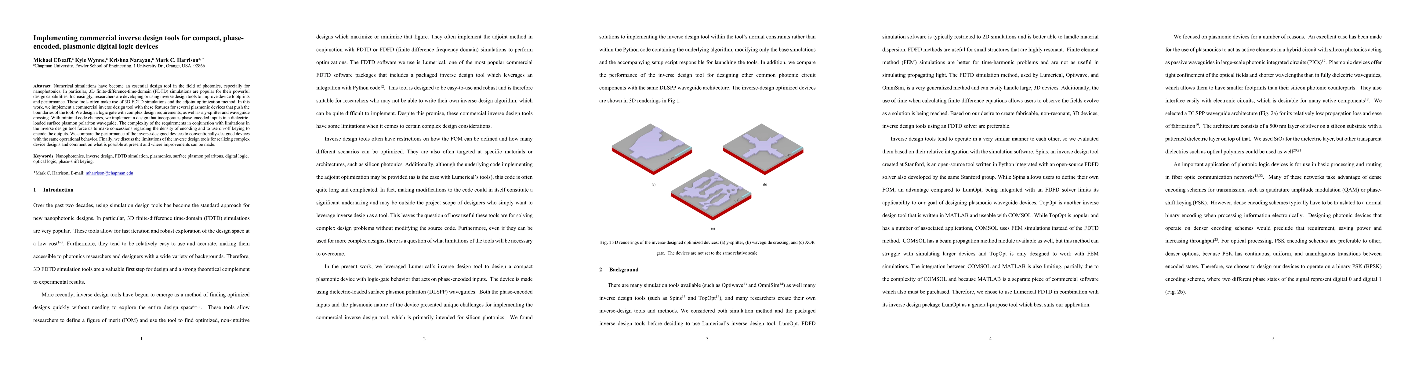 Thumbnail for Implementing commercial inverse design tools for compact, phase-encoded,
  plasmonic digital logic devices