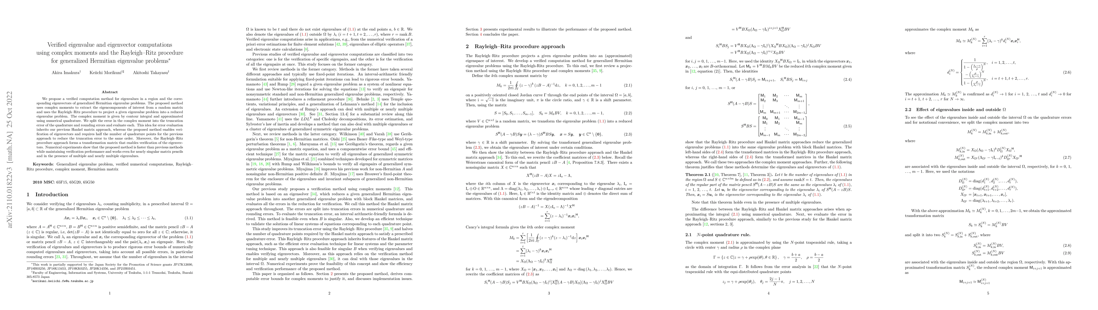 Thumbnail for Verified eigenvalue and eigenvector computations using complex moments
  and the Rayleigh$\unicode{x2013}$Ritz procedure for generalized Hermitian
  eigenvalue problems