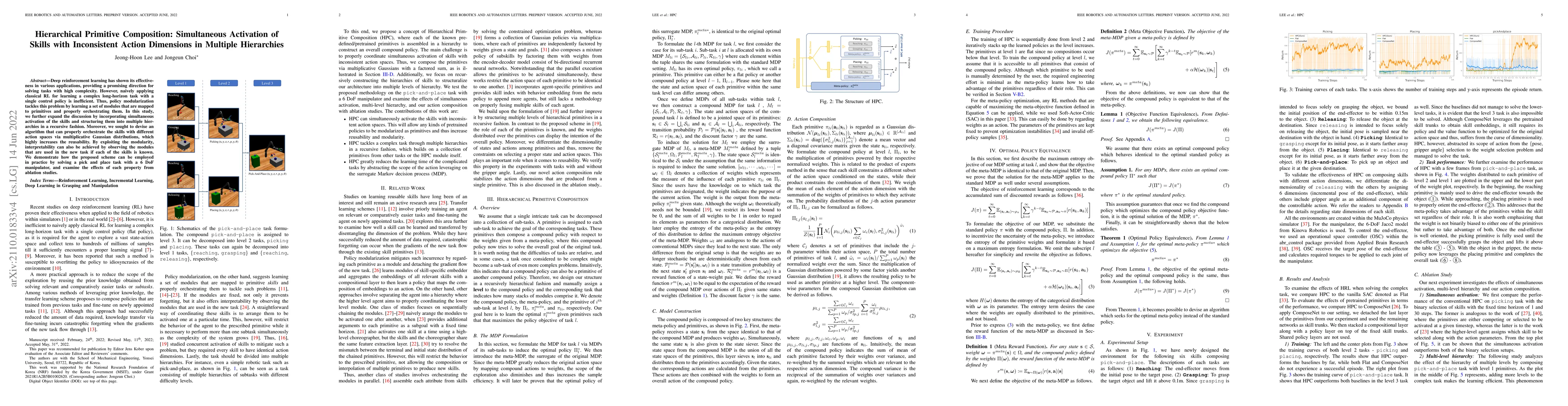 Thumbnail for Hierarchical Primitive Composition: Simultaneous Activation of Skills
  with Inconsistent Action Dimensions in Multiple Hierarchies