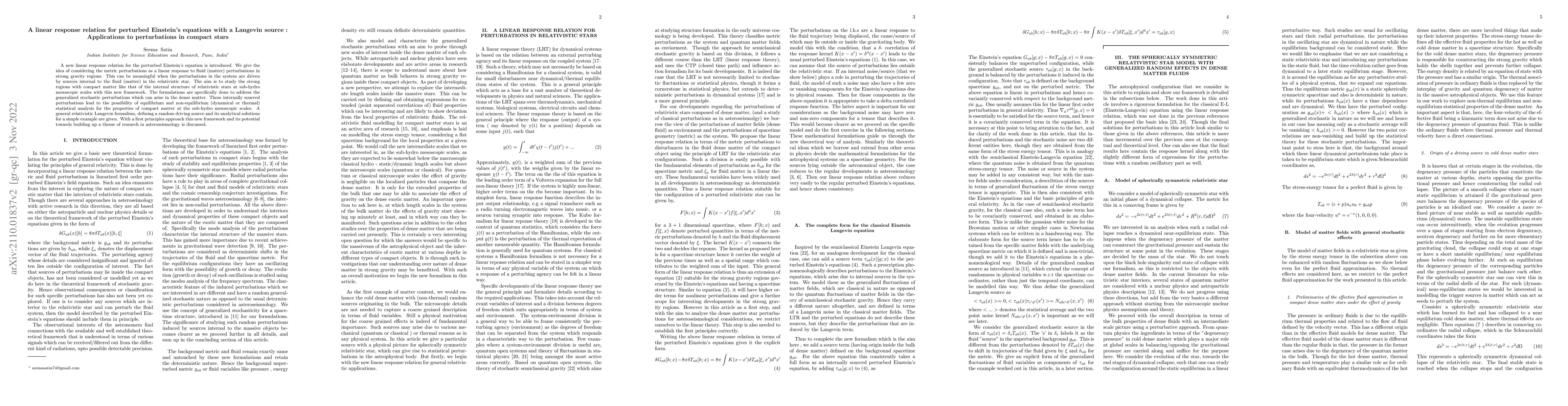 Thumbnail for A Linear Response relation for perturbations in compact stars and the
  classical Einstein-Langevin formalism