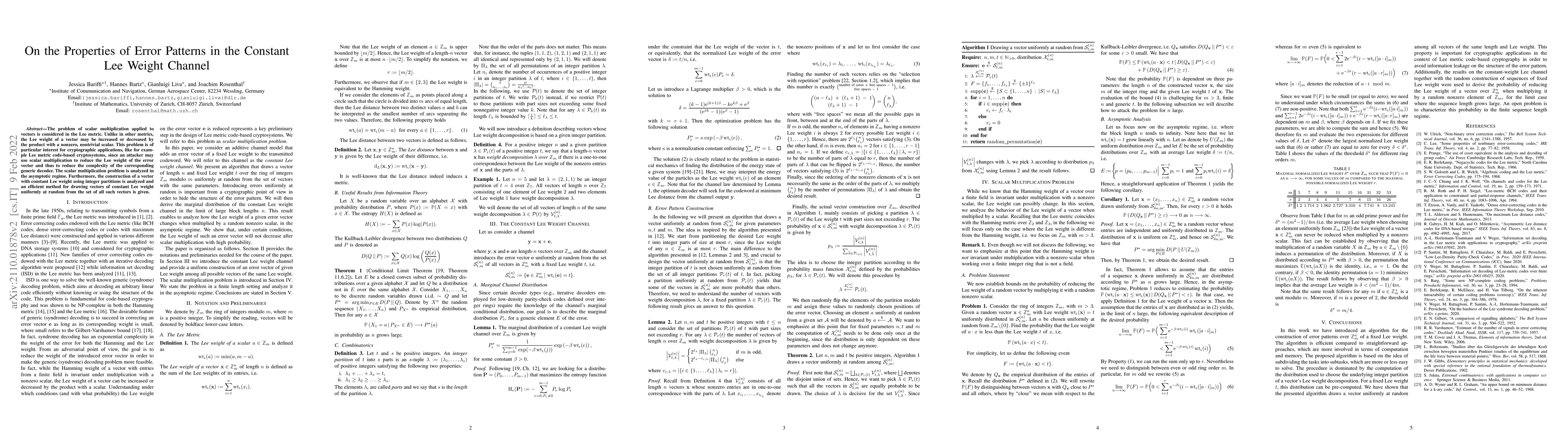 Thumbnail for On the Properties of Error Patterns in the Constant Lee Weight Channel